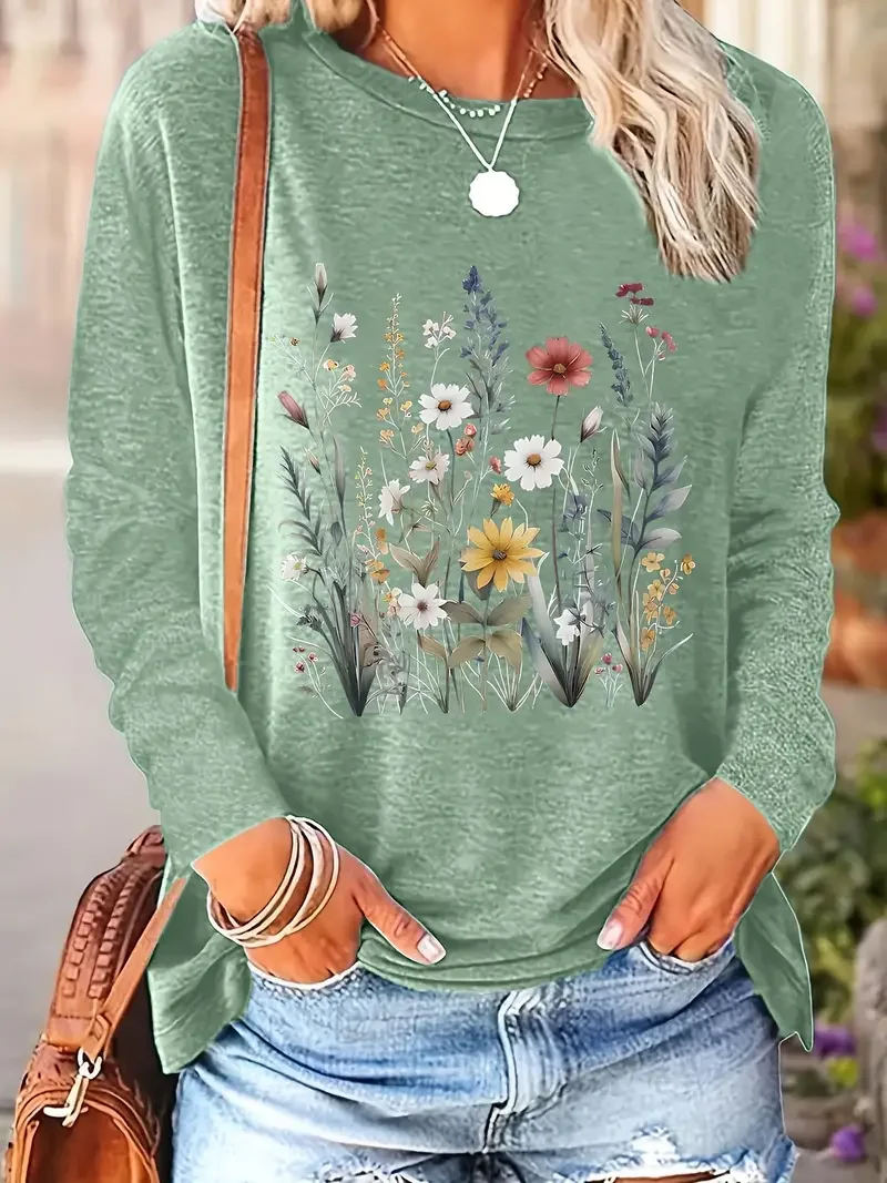 Women's Long Sleeve T-shirt Spring/Fall Green Floral Printing Jersey Crew Neck Daily Going Out Casual Top