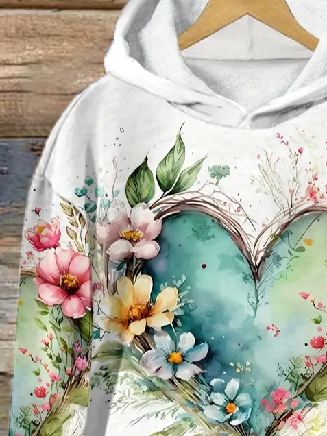 Women's Spring Floral Heart Casual Hooded Sweatshirt