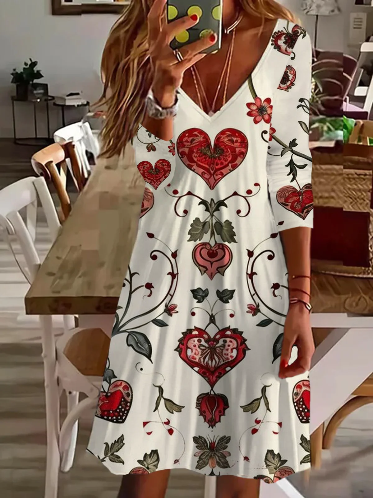 Women's Long Sleeve Spring Love Flower Valentine's Day Print V-Neck Casual Dress