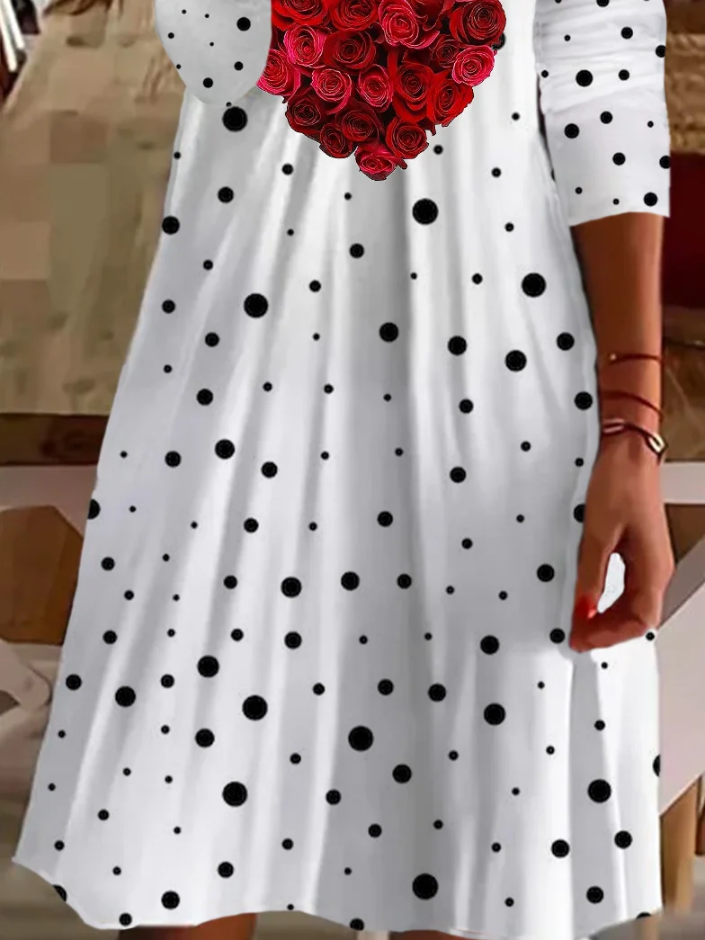 Women's Long-Sleeved Spring Floral Love Valentine's Day Polka Dot Print V-neck Casual Dress