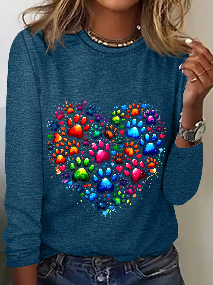 Colorful Paws Heart Casual Long Sleeve Shirt