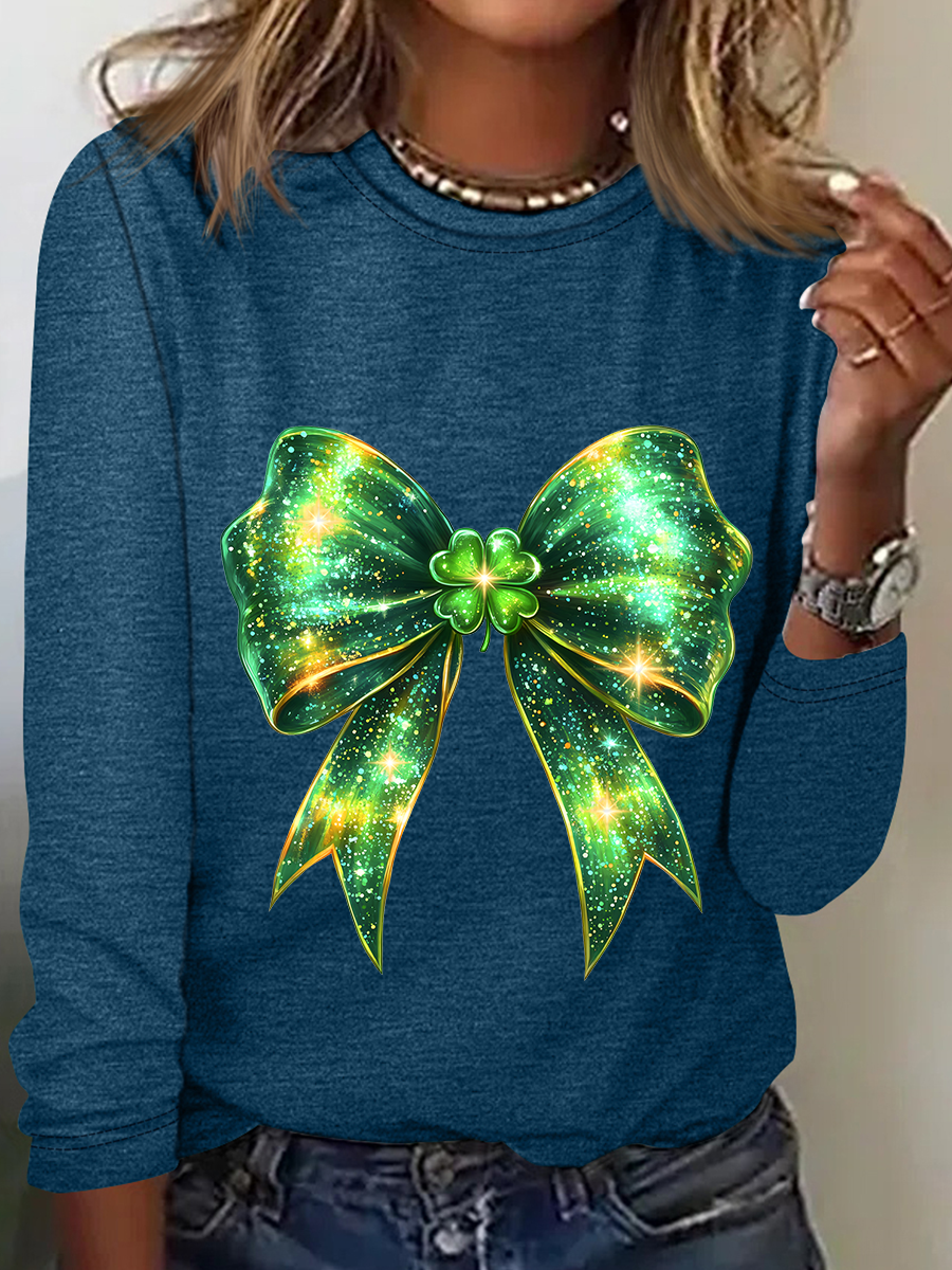 St. Patrick's Day Bow Shamrock Casual Long Sleeve Shirt