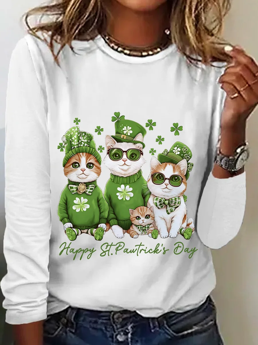 Happy St Pawtrick's Day Funny Cat Casual Long Sleeve Shirt