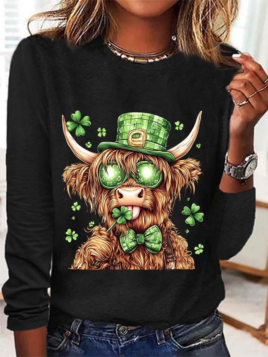 Highland Cow St. Patrick's Day Casual Long Sleeve Shirt