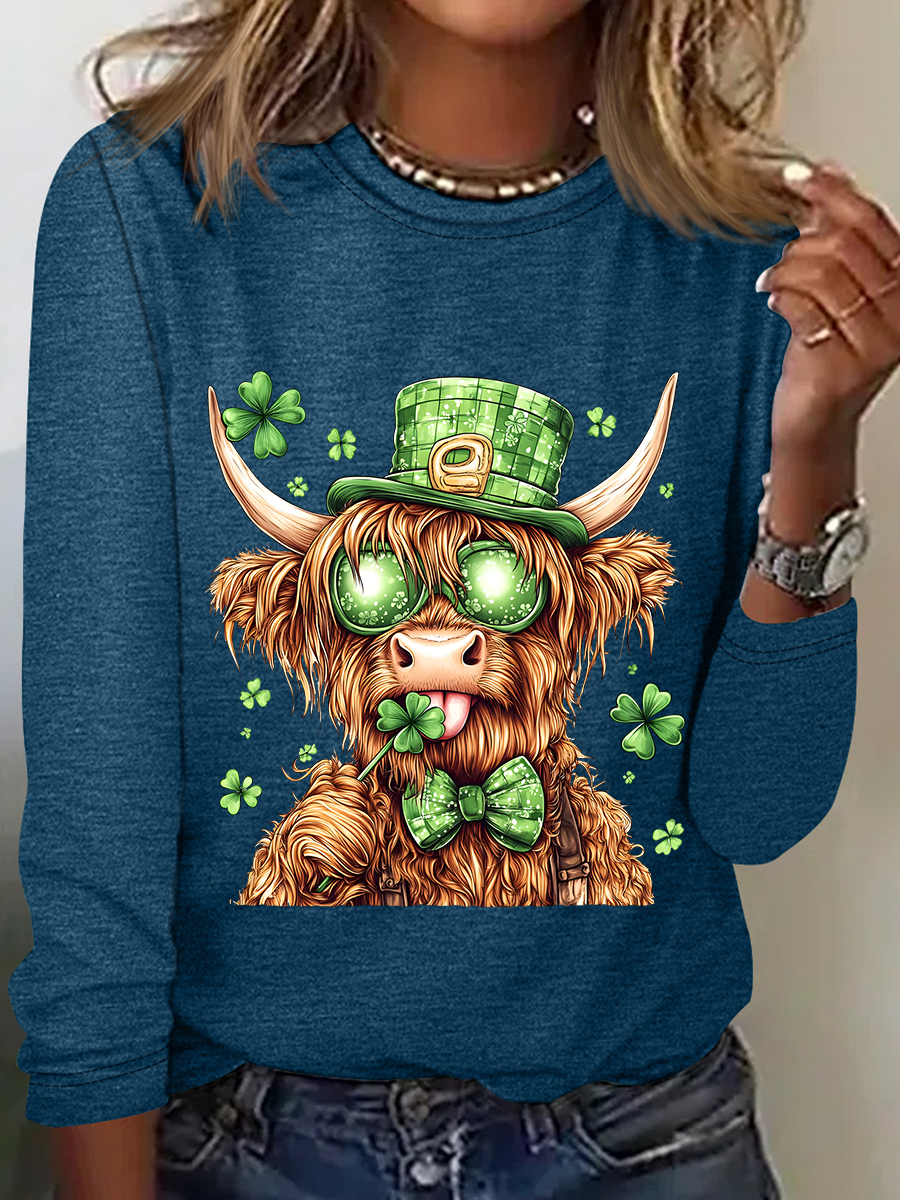 Highland Cow St. Patrick's Day Casual Long Sleeve Shirt