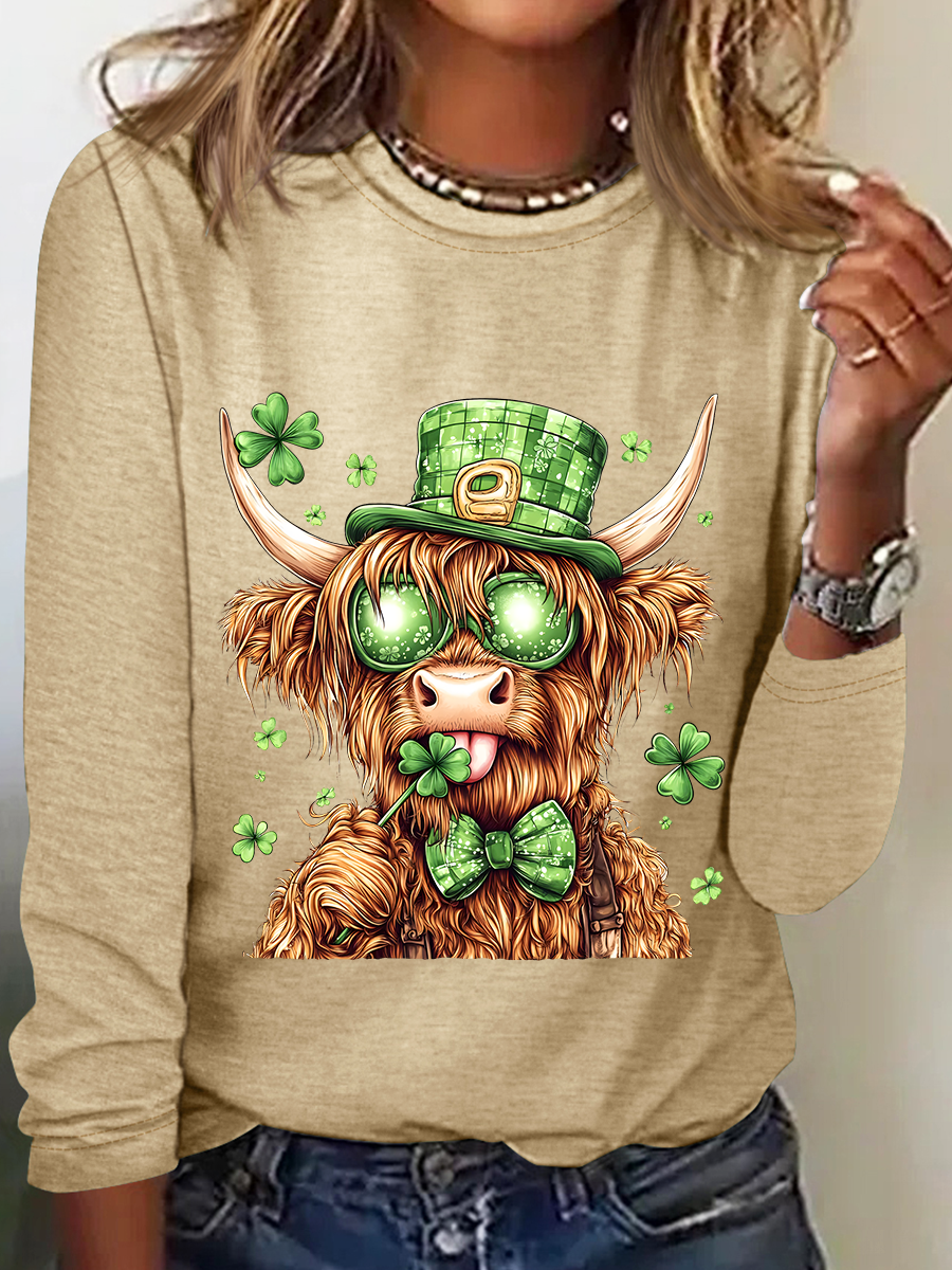 Highland Cow St. Patrick's Day Casual Long Sleeve Shirt