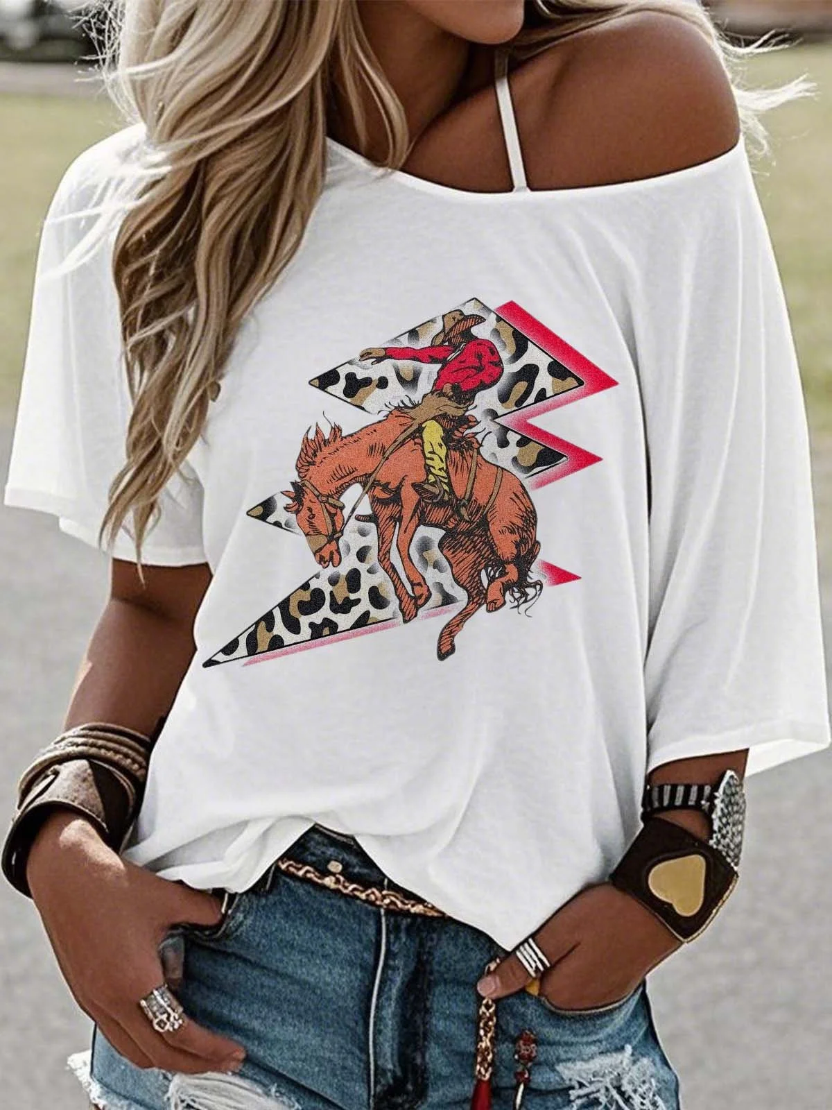 Western Style Round Neck Colored Cotton Short Sleeve T-Shirt