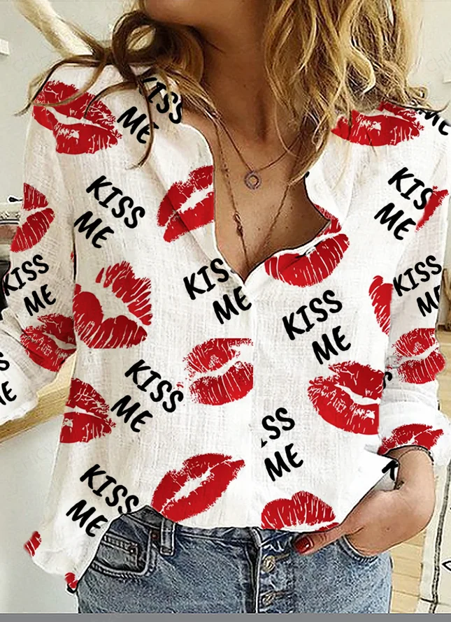 Women's Kiss Me Valentine's Day Printed Casual Long-Sleeved Shirt