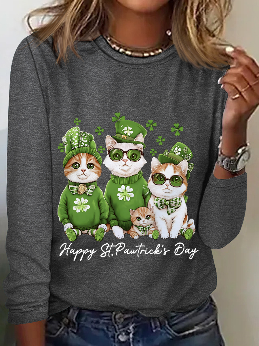 Happy St Pawtrick's Day Funny Cat Casual Long Sleeve Shirt