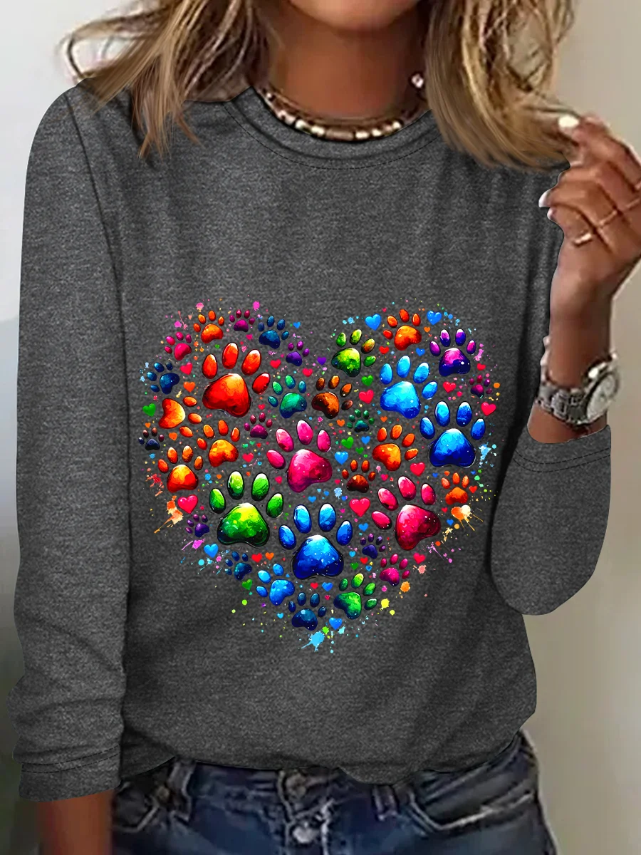 Colorful Paws Heart Casual Long Sleeve Shirt