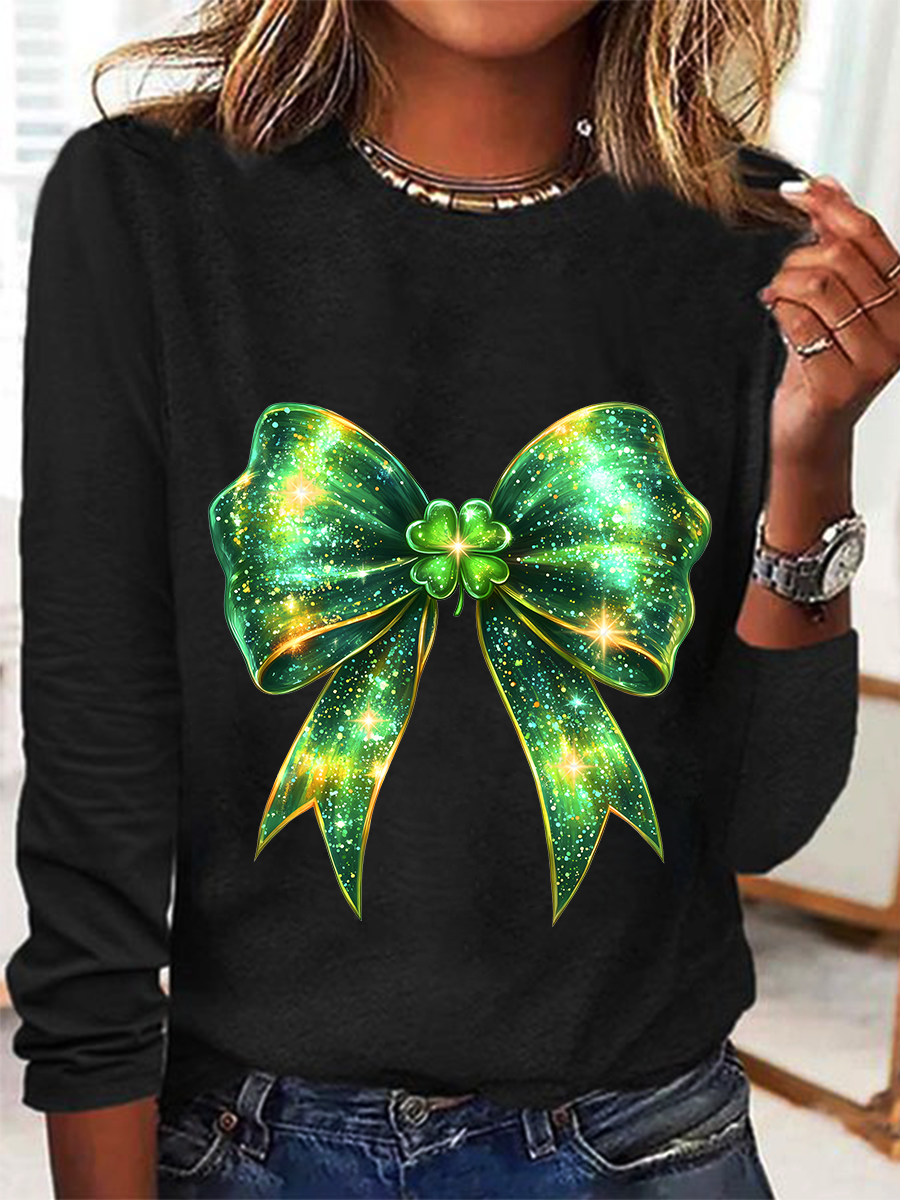 St. Patrick's Day Bow Shamrock Casual Long Sleeve Shirt