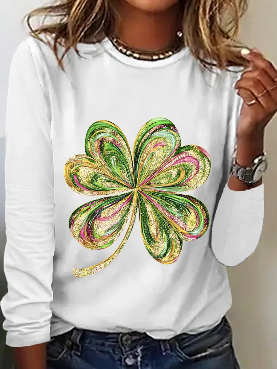 St. Patrick's Day Four Leaf Clover Casual Long Sleeve Shirt