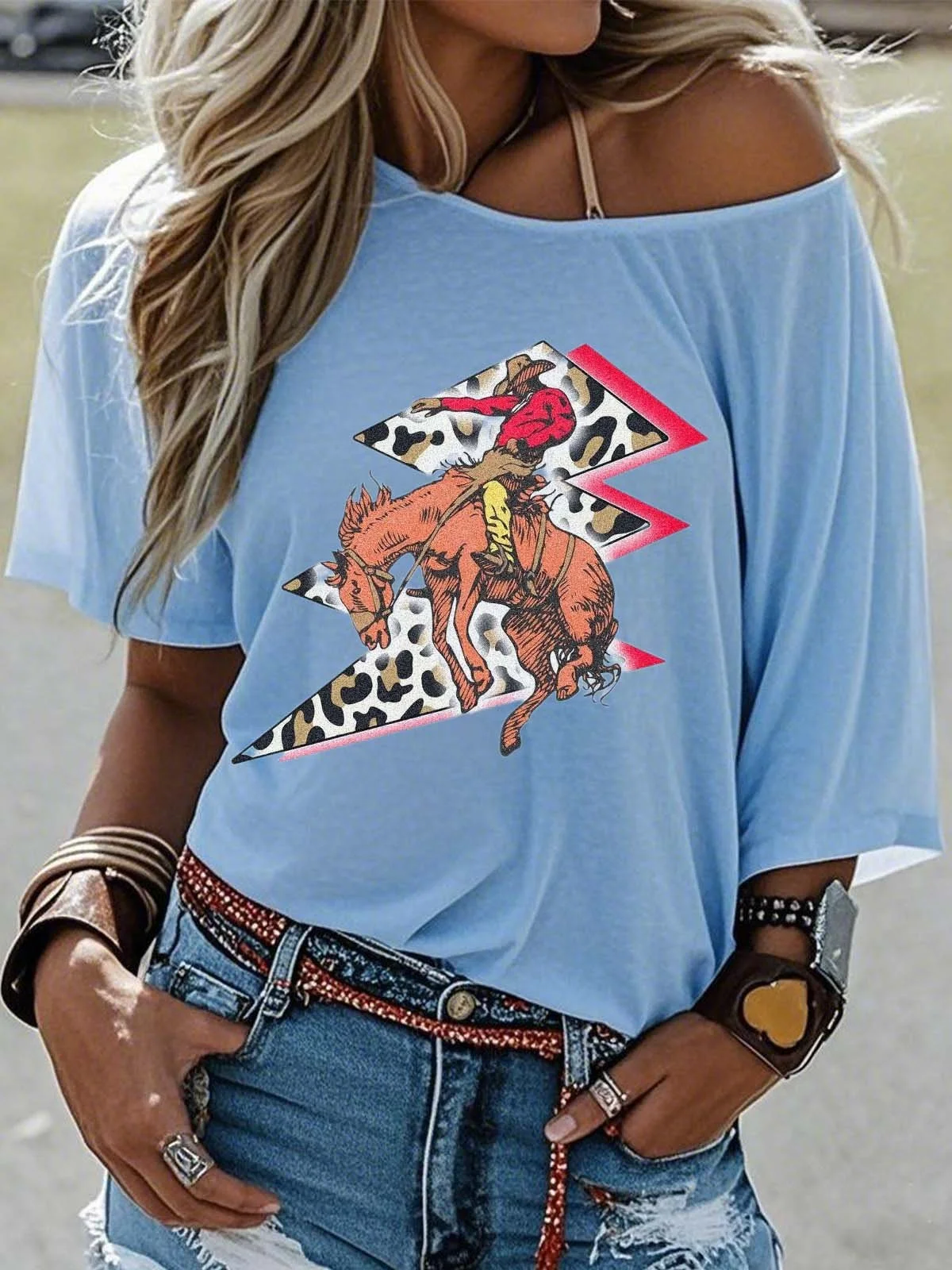 Western Style Round Neck Colored Cotton Short Sleeve T-Shirt