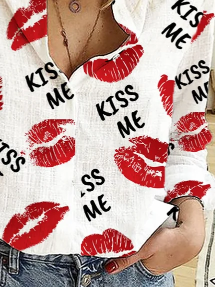 Women's Kiss Me Valentine's Day Printed Casual Long-Sleeved Shirt