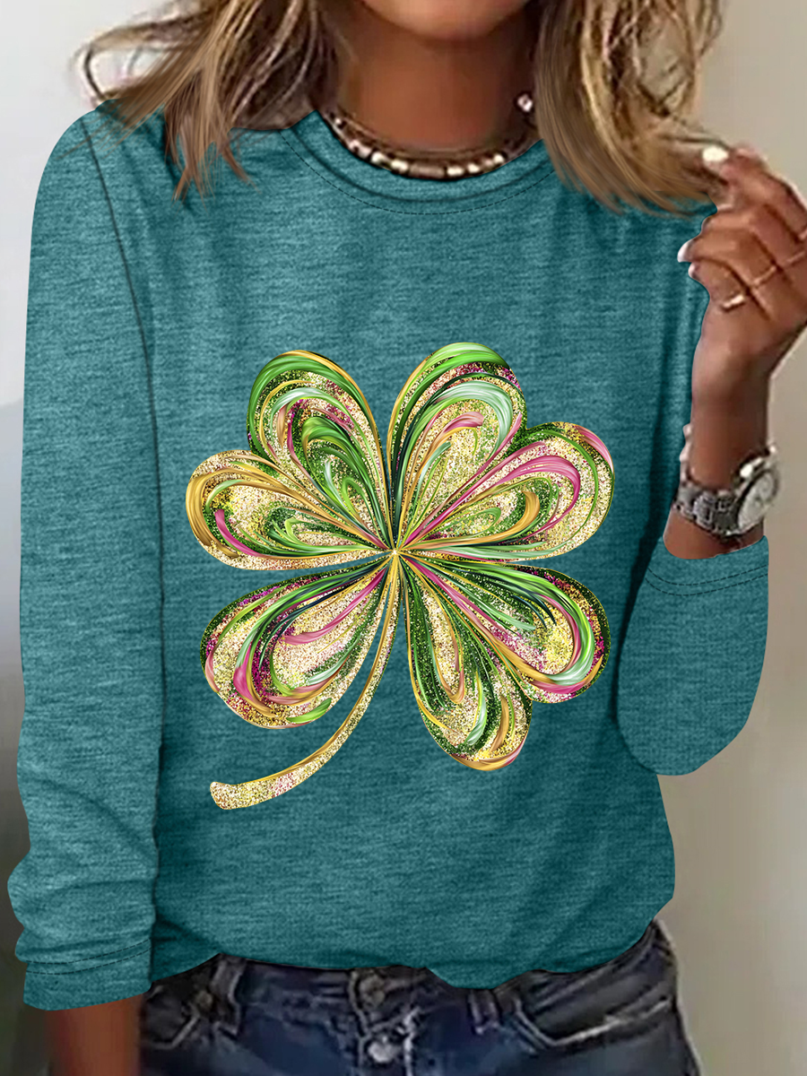 St. Patrick's Day Four Leaf Clover Casual Long Sleeve Shirt