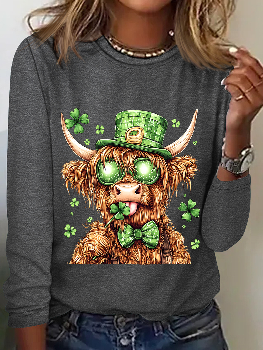 Highland Cow St. Patrick's Day Casual Long Sleeve Shirt