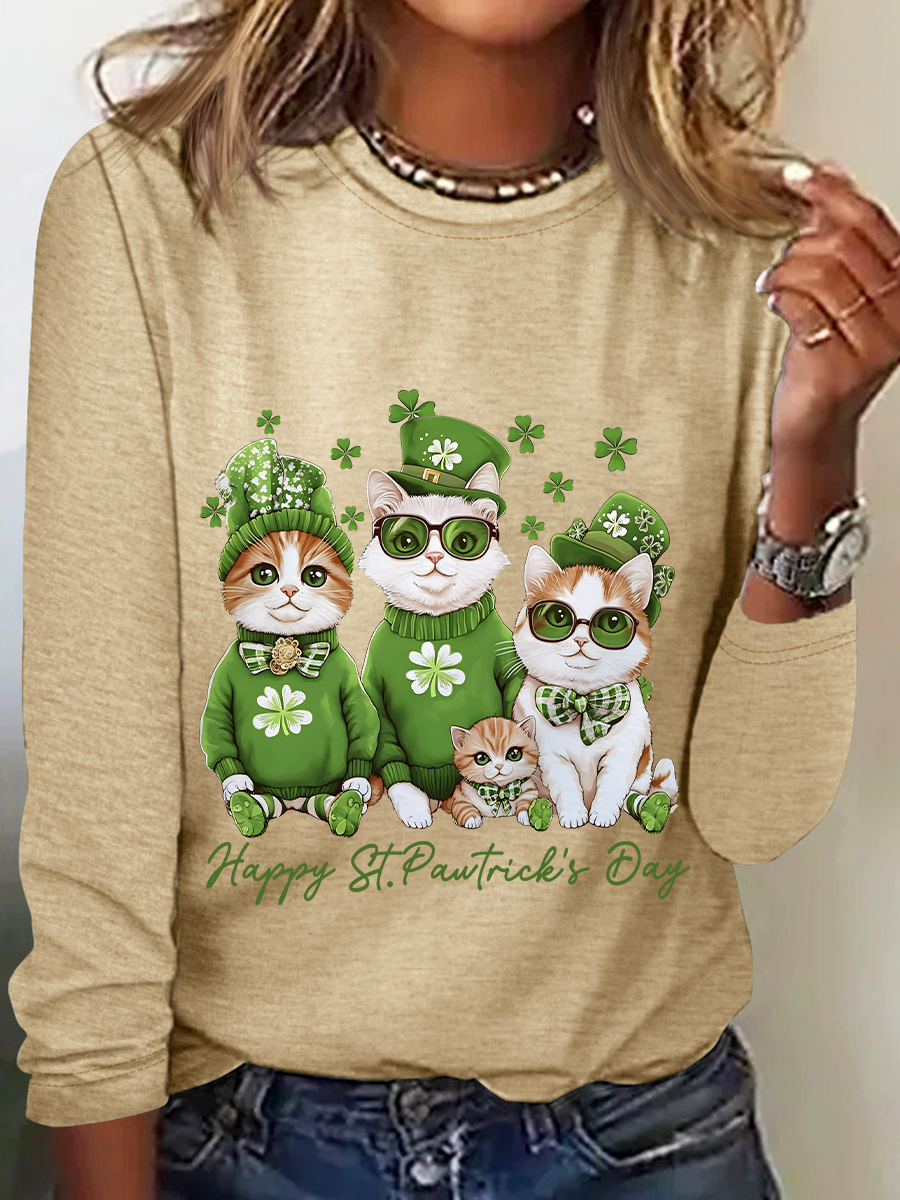 Happy St Pawtrick's Day Funny Cat Casual Long Sleeve Shirt