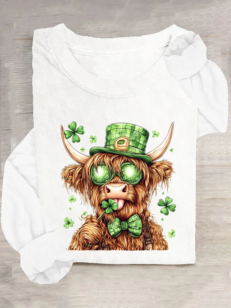 Highland Cow St. Patrick's Day Casual Long Sleeve Shirt