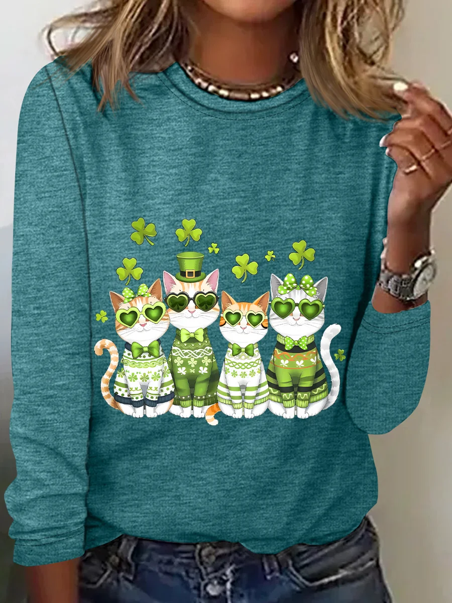 St. Patrick’S Day Cats Casual Long Sleeve Shirt