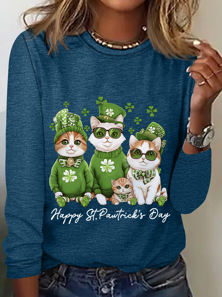 Happy St Pawtrick's Day Funny Cat Casual Long Sleeve Shirt