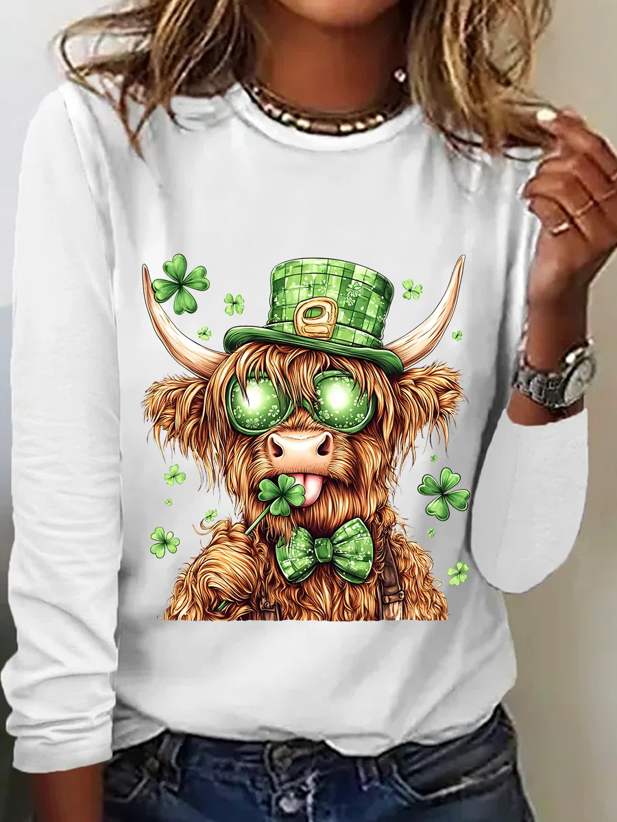 Highland Cow St. Patrick's Day Casual Long Sleeve Shirt