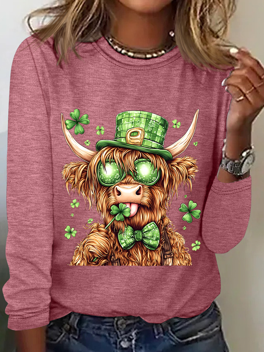 Highland Cow St. Patrick's Day Casual Long Sleeve Shirt