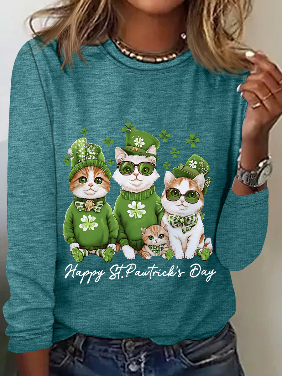 Happy St Pawtrick's Day Funny Cat Casual Long Sleeve Shirt