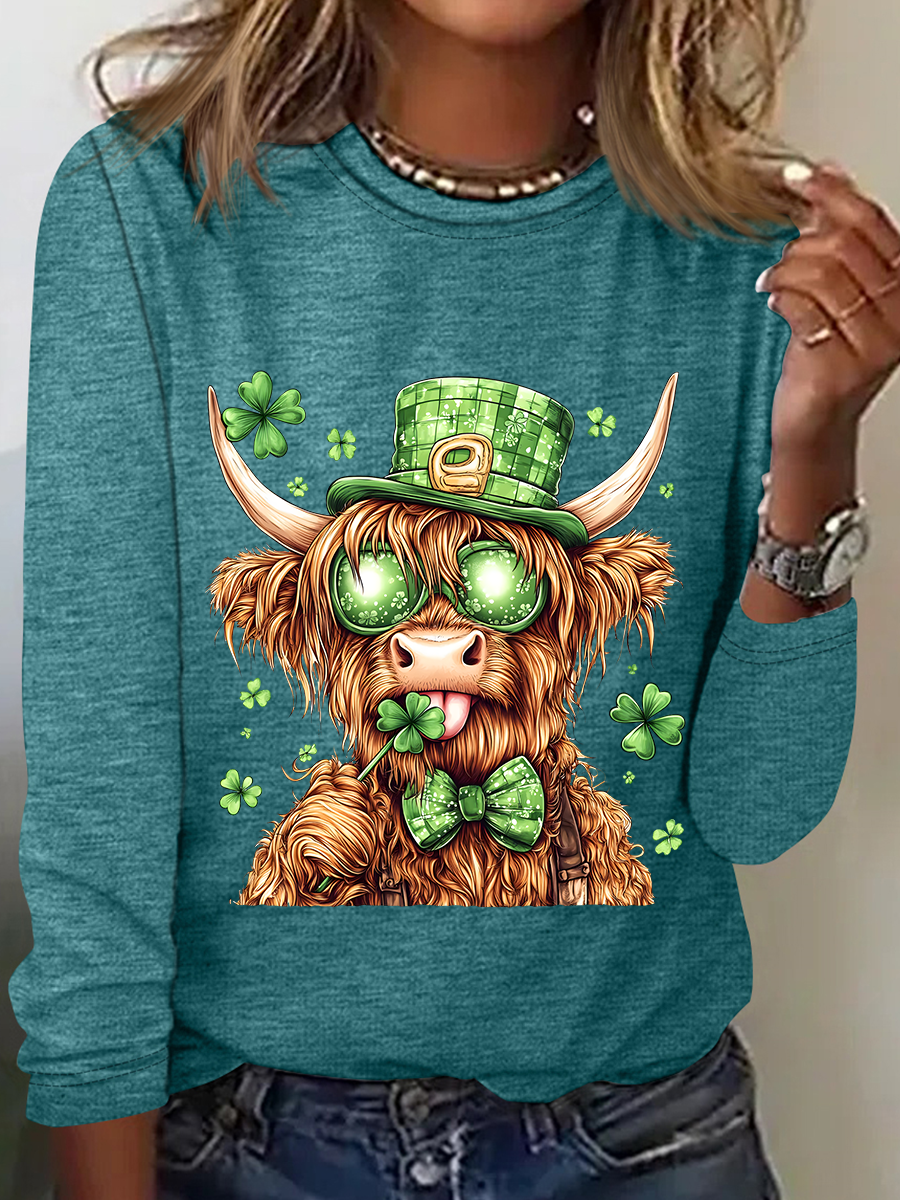 Highland Cow St. Patrick's Day Casual Long Sleeve Shirt