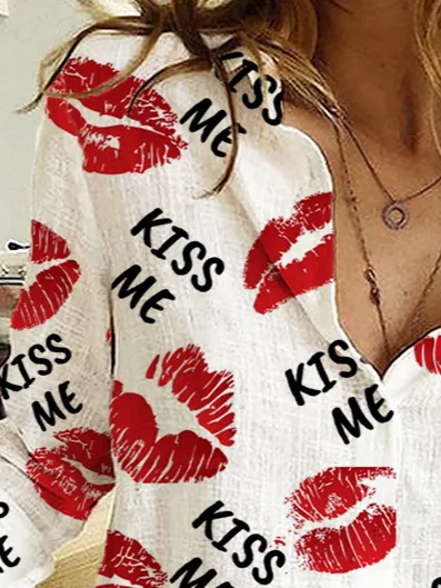 Women's Kiss Me Valentine's Day Printed Casual Long-Sleeved Shirt