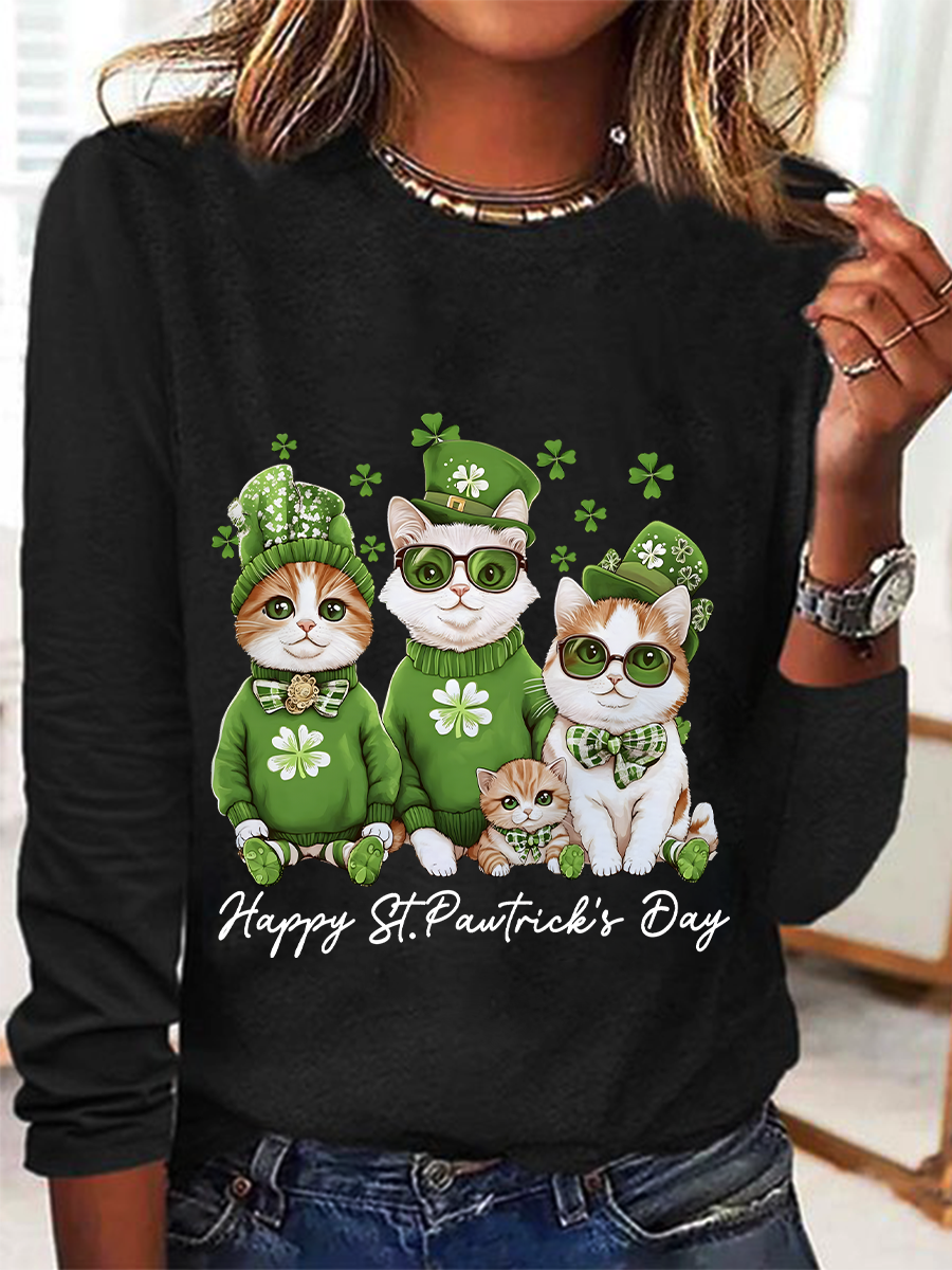 Happy St Pawtrick's Day Funny Cat Casual Long Sleeve Shirt