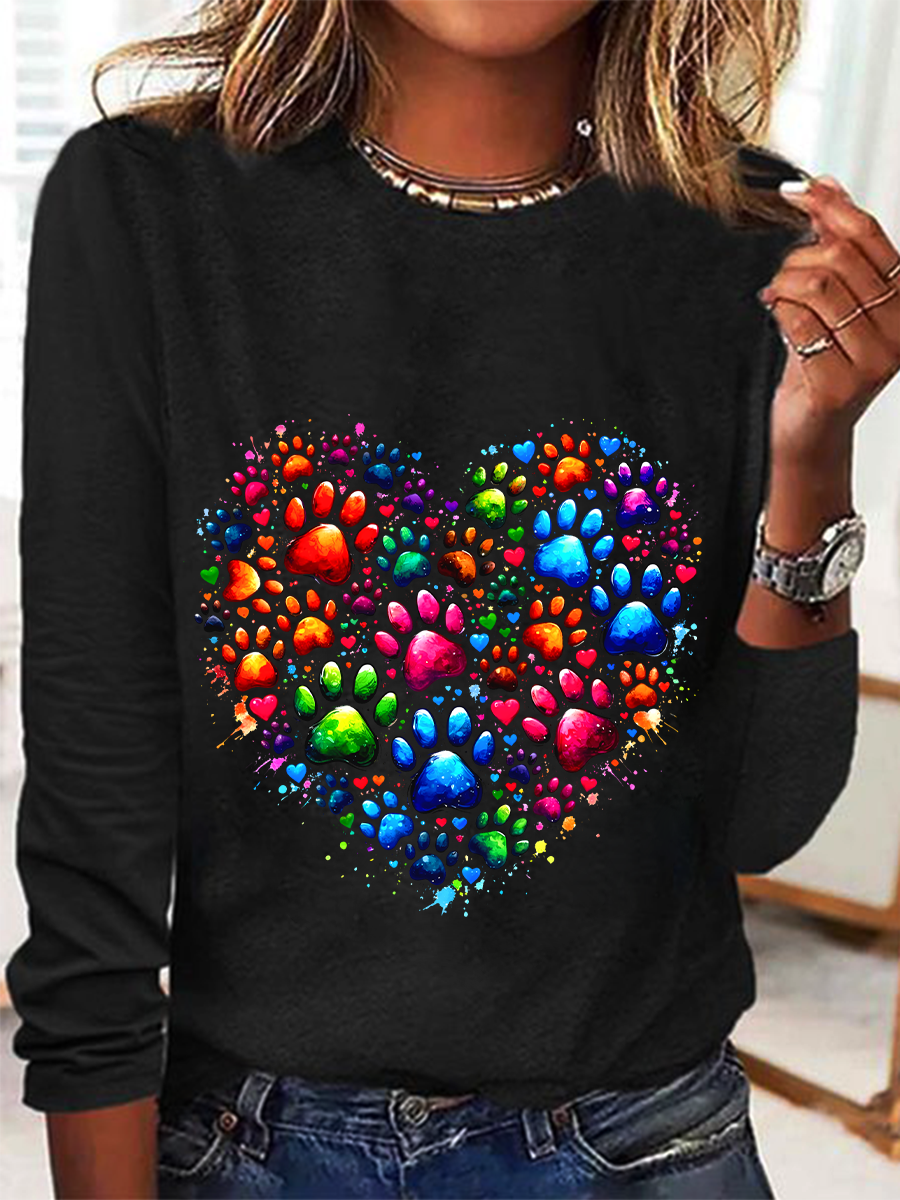 Colorful Paws Heart Casual Long Sleeve Shirt