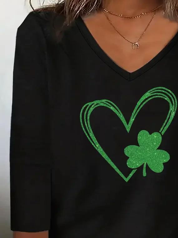 Women's Shamrock St. Patrick's Day Casual Long Sleeve V-Neck T-Shirt