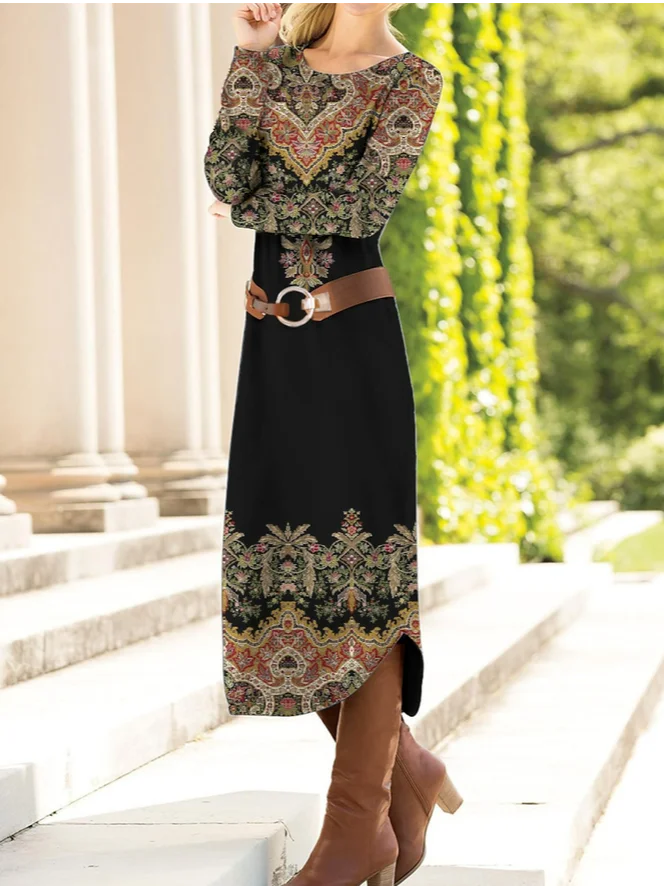 Casual Loose Crew Neck Ethnic Dress