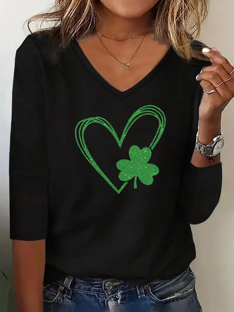 Women's Shamrock St. Patrick's Day Casual Long Sleeve V-Neck T-Shirt