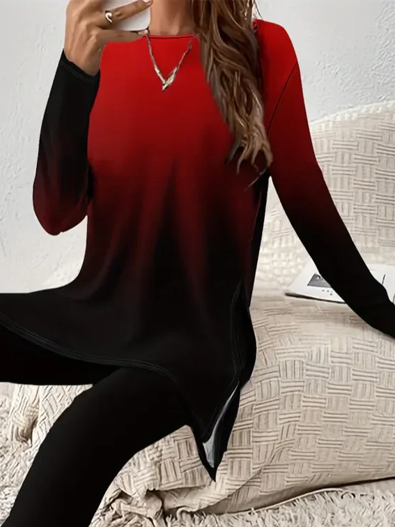 Women's Printing Ombre Daily Going Out Two-Piece Set Black-red Casual Spring/Fall Top With Pants Matching Set