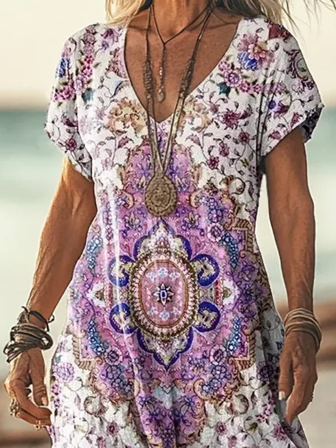 Women's Short Sleeve Summer Purple Floral Printing V Neck Daily Going Out Casual Maxi H-Line T-Shirt Dress Dress