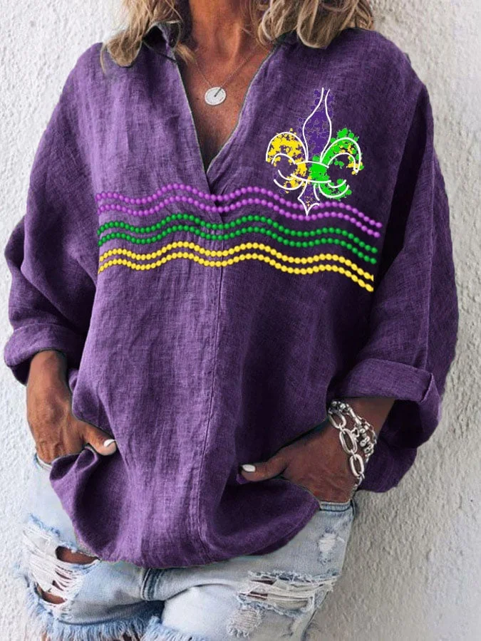 Women's Long Sleeve Casual Mardi Gras V Neck Top