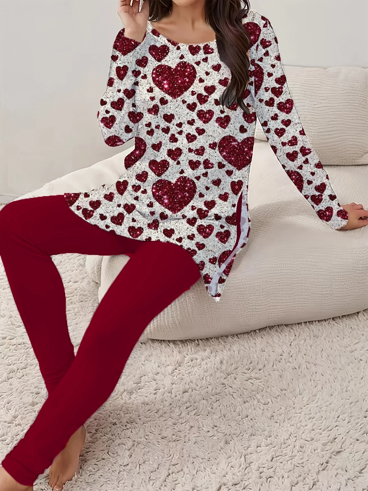 Women's Love Sequins Valentine's Day Daily Outing Casual Tops and Pants with Two-piece Suit