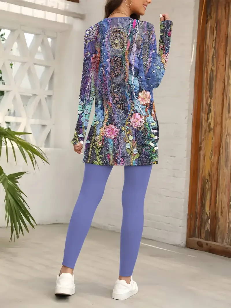 Women's Printing Floral Daily Going Out Two-Piece Set Purple Casual Spring/Fall Top With Pants Matching Set