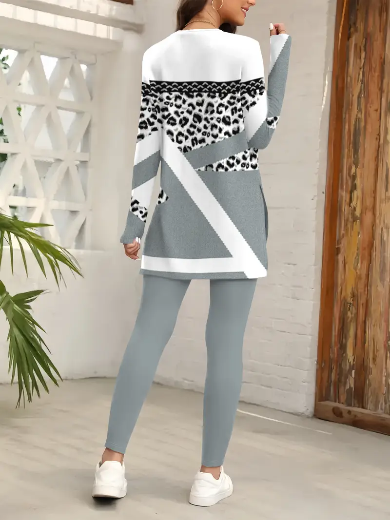 Women's Printing Leopard Daily Going Out Two-Piece Set Gray Casual Spring/Fall Top With Pants Matching Set