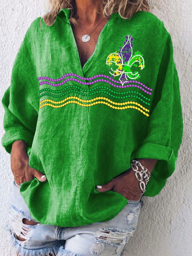 Women's Long Sleeve Casual Mardi Gras V Neck Top