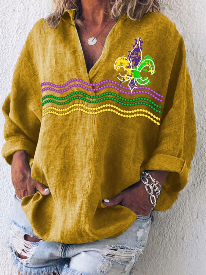 Women's Long Sleeve Casual Mardi Gras V Neck Top