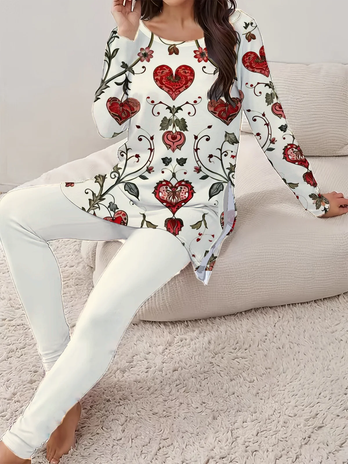 Women's Love Flowers Valentine's Day Daily Outing Casual Tops and Pants Matching Two-piece Suit