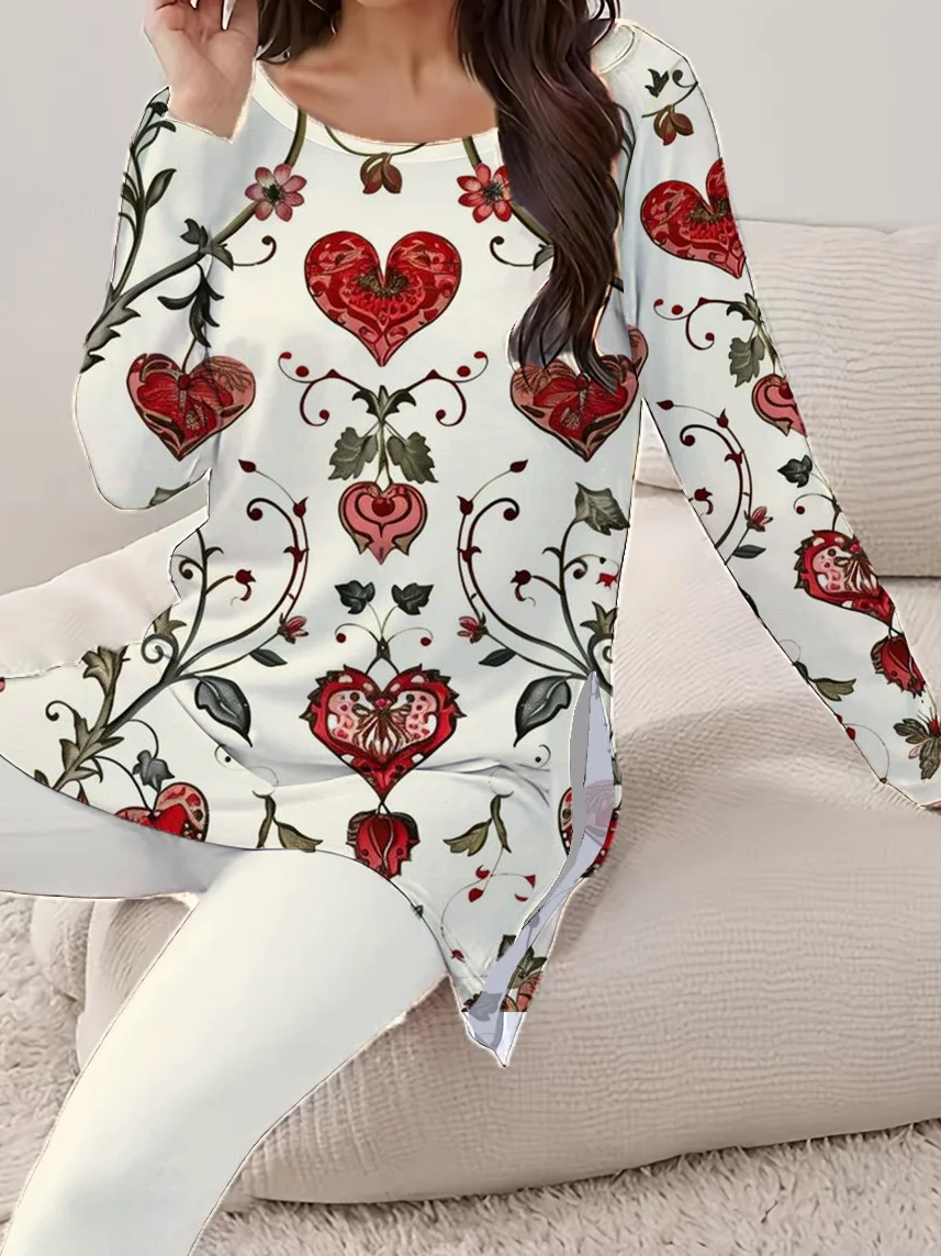 Women's Love Flowers Valentine's Day Daily Outing Casual Tops and Pants Matching Two-piece Suit