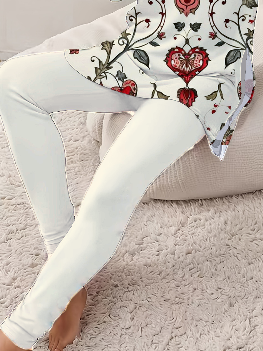 Women's Love Flowers Valentine's Day Daily Outing Casual Tops and Pants Matching Two-piece Suit