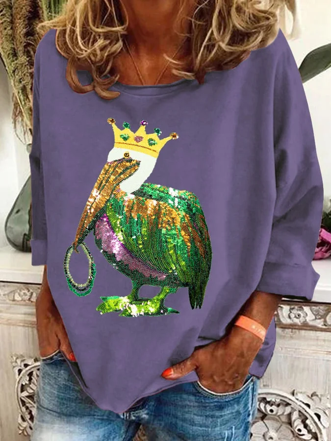 Retro Mardi Gras Pelican Crown And Beads Print Sweatshirt