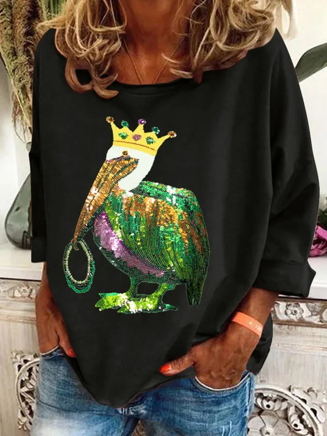 Retro Mardi Gras Pelican Crown And Beads Print Sweatshirt