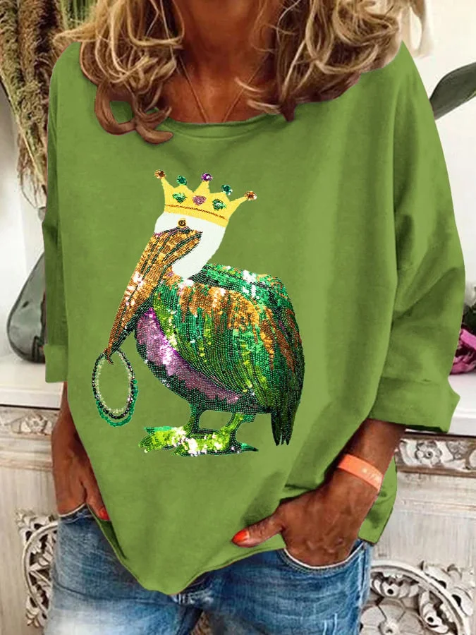 Retro Mardi Gras Pelican Crown And Beads Print Sweatshirt