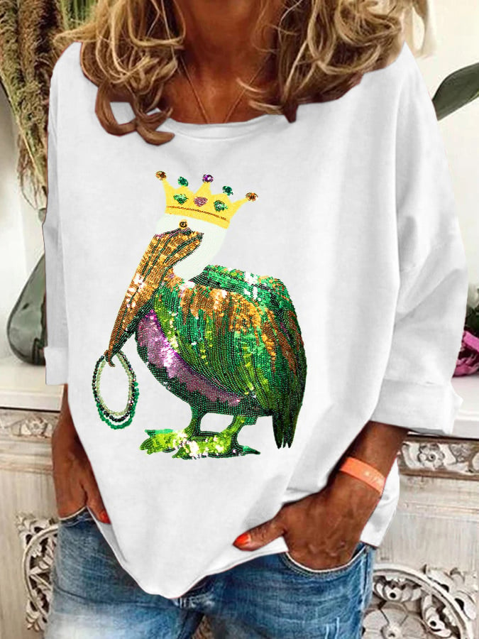 Retro Mardi Gras Pelican Crown And Beads Print Sweatshirt