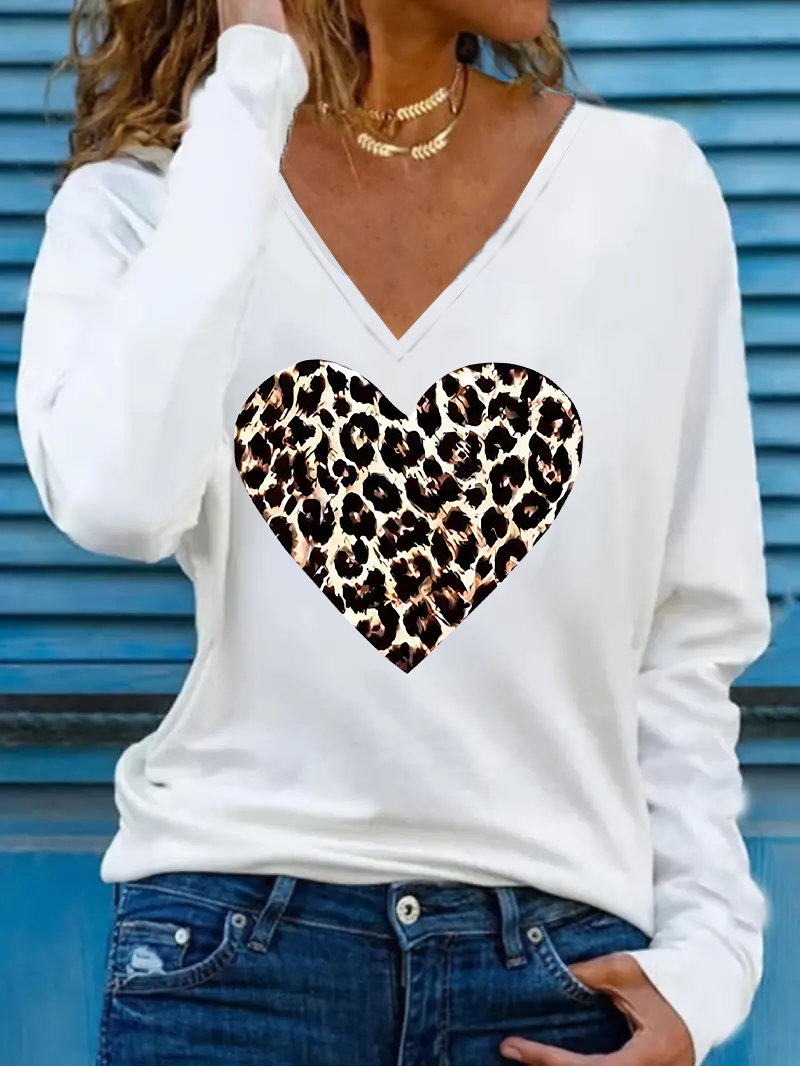 Women's Heart Leopard Print Valentine's Day Print V Neck Daily Casual Long Sleeve T-Shirt